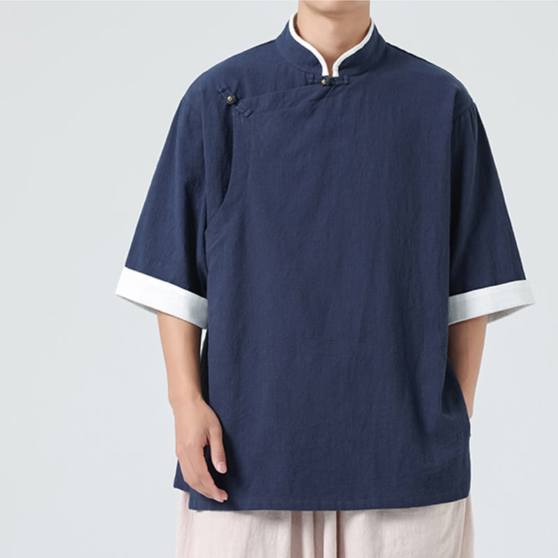 Linen Cotton Stand Collar Slanted Placket Meditation Shirt