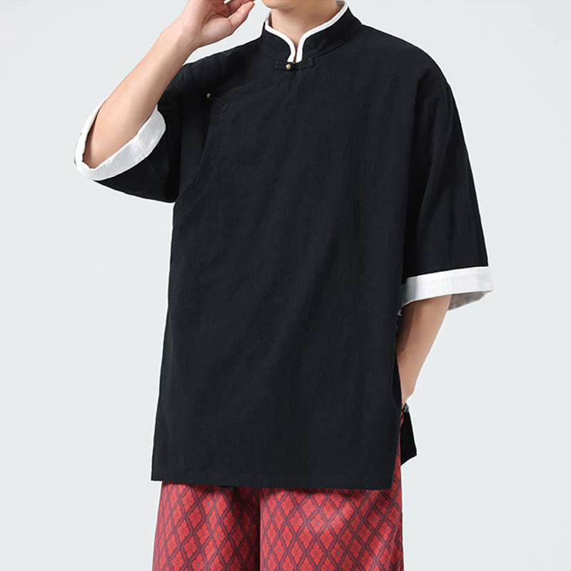 Linen Cotton Stand Collar Slanted Placket Meditation Shirt