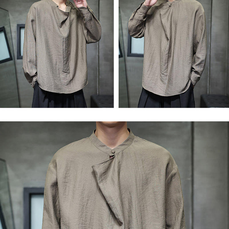 Spring Solid Color Pleated Stand Collar Design Tang Suit Men's Long Sleeve Linen Shirt