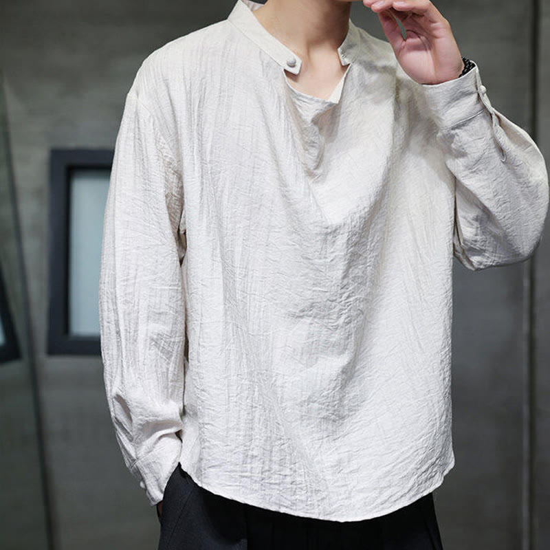 Spring Solid Color Pleated Stand Collar Design Tang Suit Men's Long Sleeve Linen Shirt