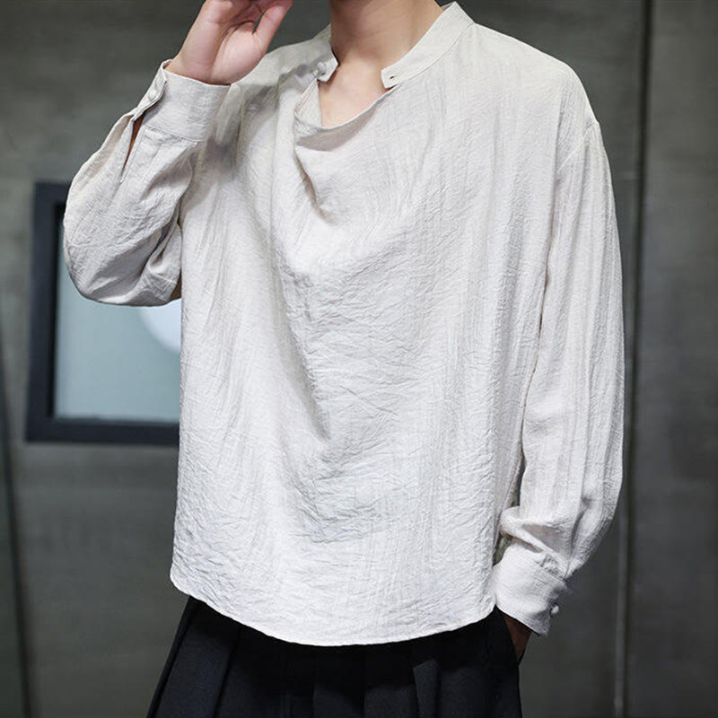 Spring Solid Color Pleated Stand Collar Design Tang Suit Men's Long Sleeve Linen Shirt