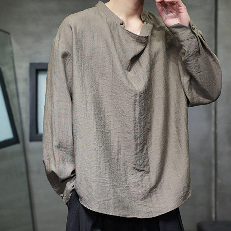 Spring Solid Color Pleated Stand Collar Design Tang Suit Men's Long Sleeve Linen Shirt