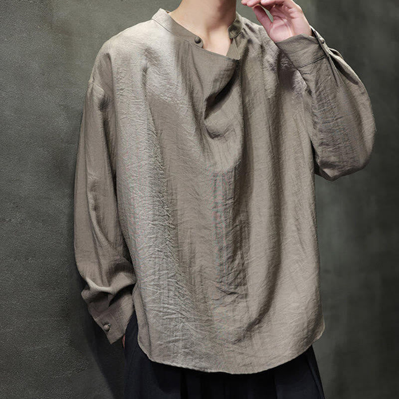 Spring Solid Color Pleated Stand Collar Design Tang Suit Men's Long Sleeve Linen Shirt