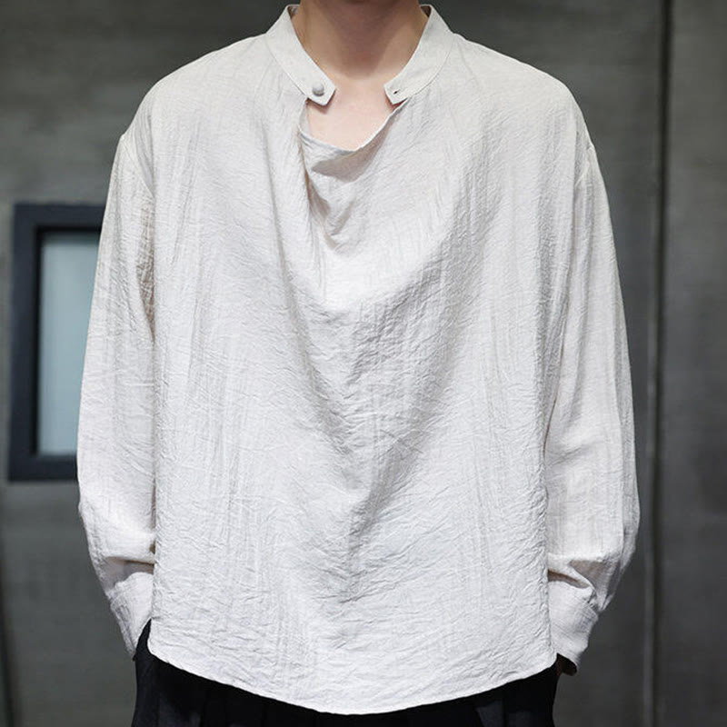 Spring Solid Color Pleated Stand Collar Design Tang Suit Men's Long Sleeve Linen Shirt