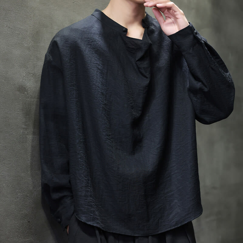Spring Solid Color Pleated Stand Collar Design Tang Suit Men's Long Sleeve Linen Shirt