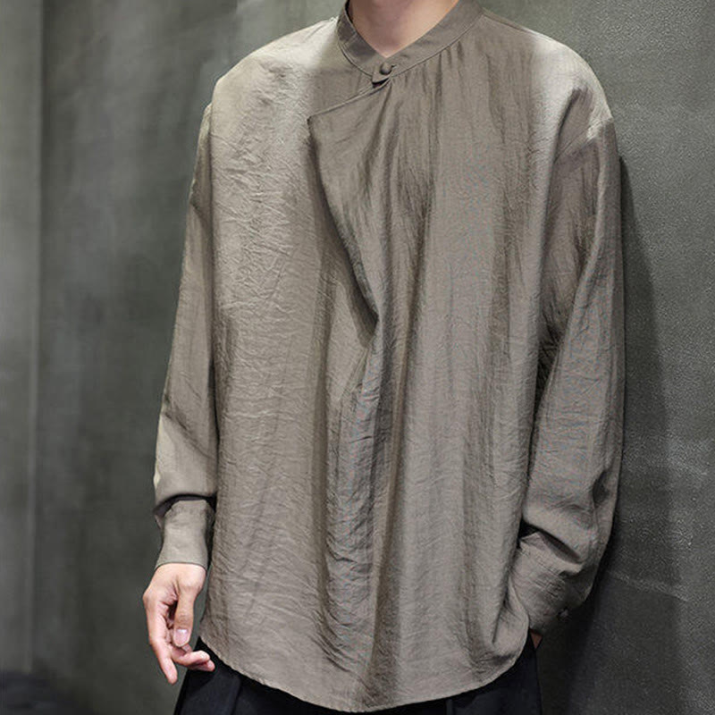 Spring Solid Color Pleated Stand Collar Design Tang Suit Men's Long Sleeve Linen Shirt