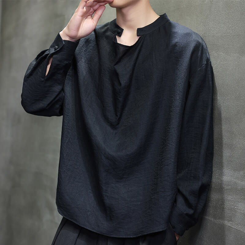 Spring Solid Color Pleated Stand Collar Design Tang Suit Men's Long Sleeve Linen Shirt