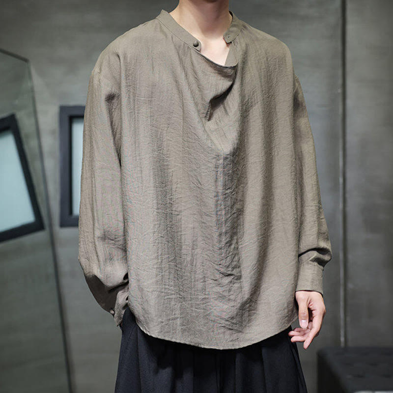 Spring Solid Color Pleated Stand Collar Design Tang Suit Men's Long Sleeve Linen Shirt