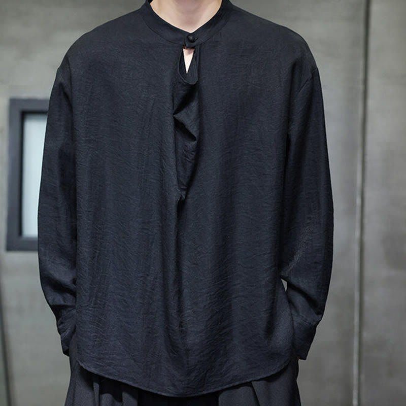 Spring Solid Color Pleated Stand Collar Design Tang Suit Men's Long Sleeve Linen Shirt
