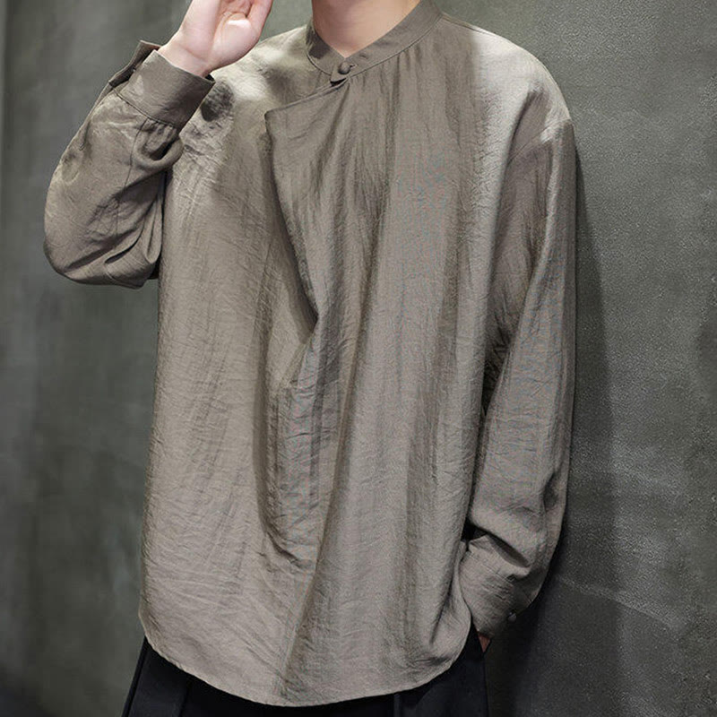 Spring Solid Color Pleated Stand Collar Design Tang Suit Men's Long Sleeve Linen Shirt