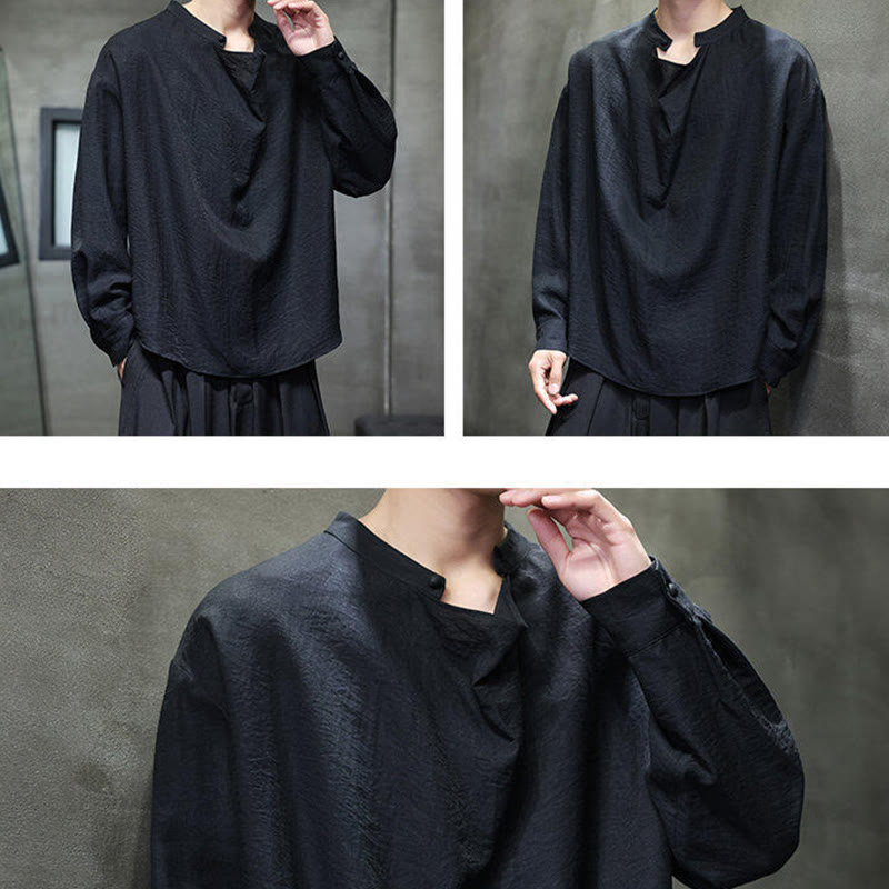 Spring Solid Color Pleated Stand Collar Design Tang Suit Men's Long Sleeve Linen Shirt