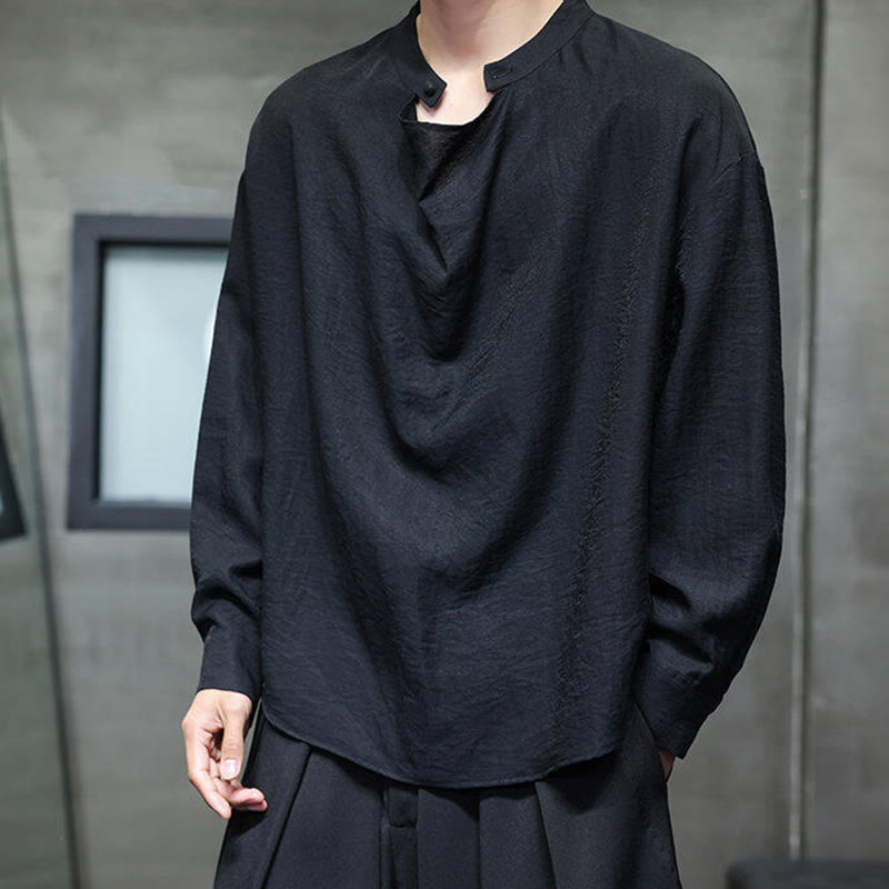 Spring Solid Color Pleated Stand Collar Design Tang Suit Men's Long Sleeve Linen Shirt
