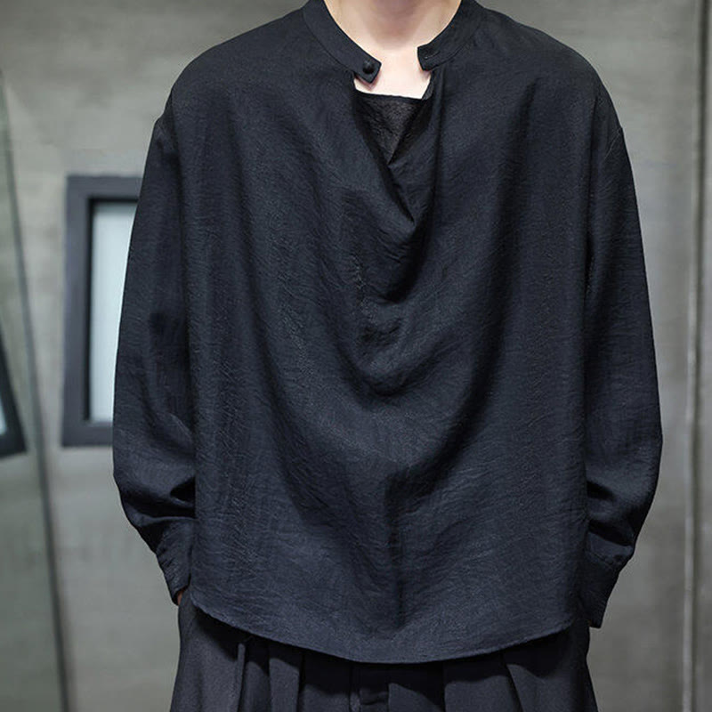Spring Solid Color Pleated Stand Collar Design Tang Suit Men's Long Sleeve Linen Shirt