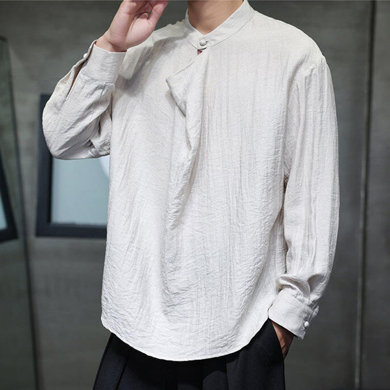 Spring Solid Color Pleated Stand Collar Design Tang Suit Men's Long Sleeve Linen Shirt