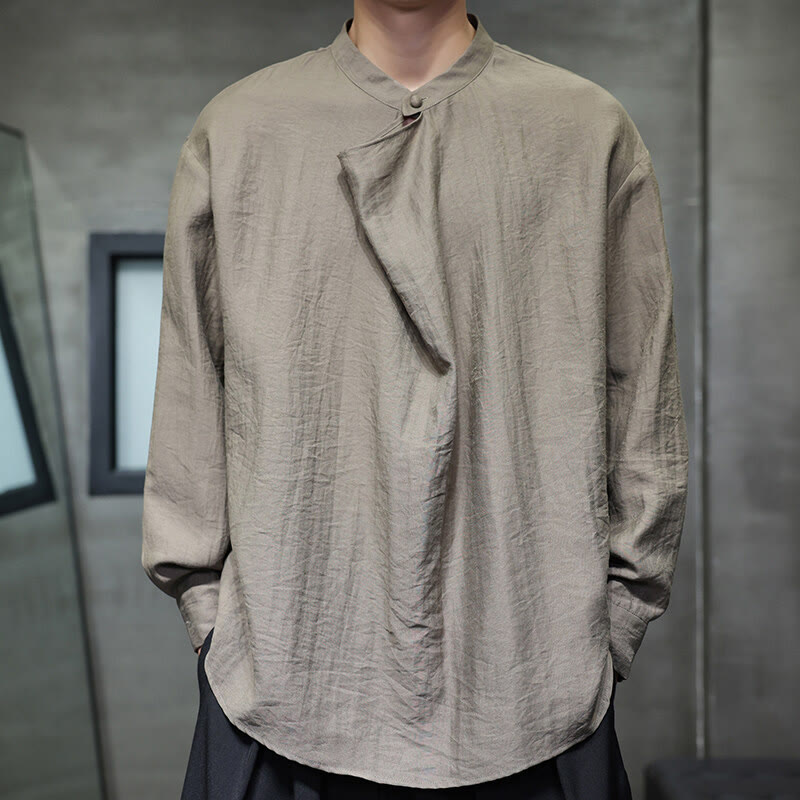 Spring Solid Color Pleated Stand Collar Design Tang Suit Men's Long Sleeve Linen Shirt