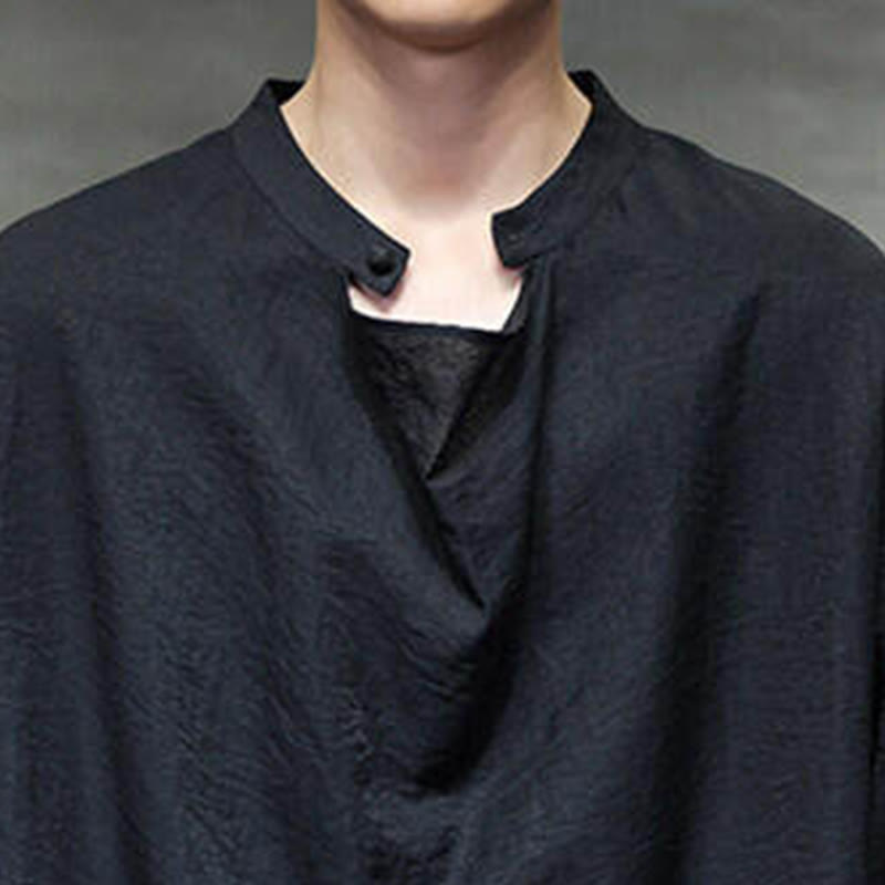 Spring Solid Color Pleated Stand Collar Design Tang Suit Men's Long Sleeve Linen Shirt