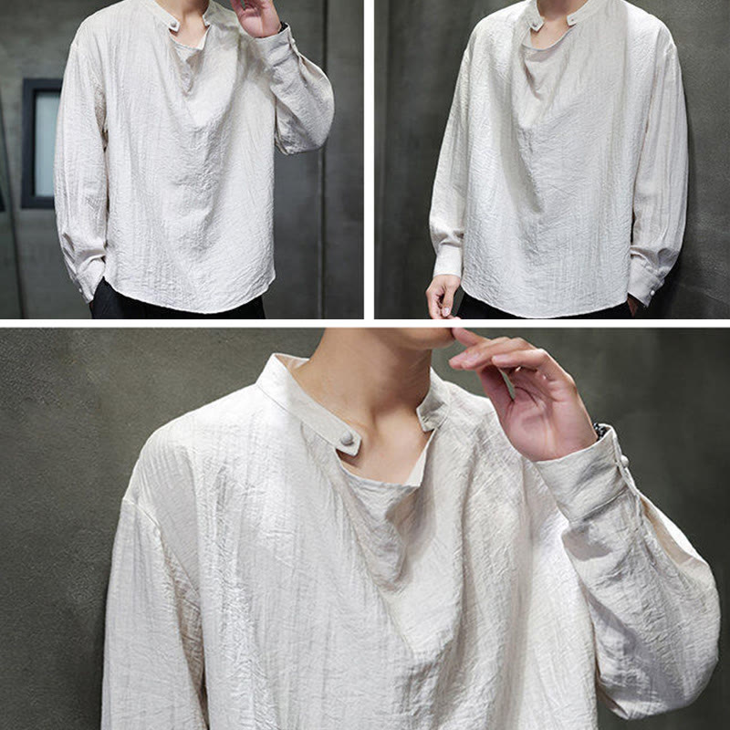 Spring Solid Color Pleated Stand Collar Design Tang Suit Men's Long Sleeve Linen Shirt