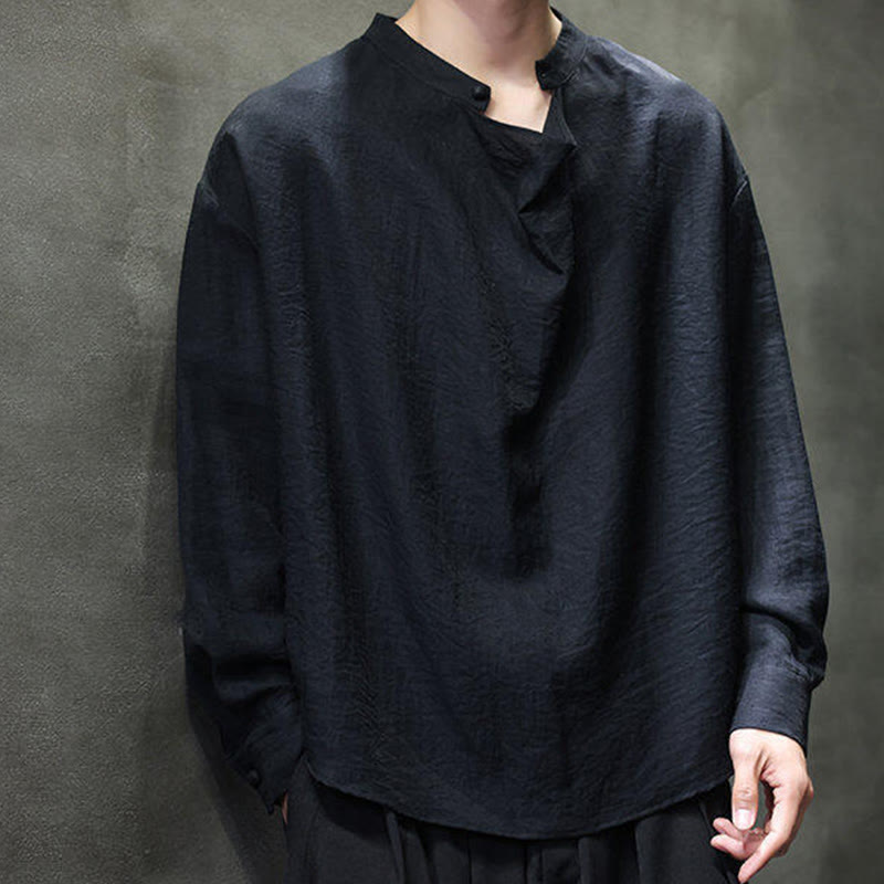 Spring Solid Color Pleated Stand Collar Design Tang Suit Men's Long Sleeve Linen Shirt