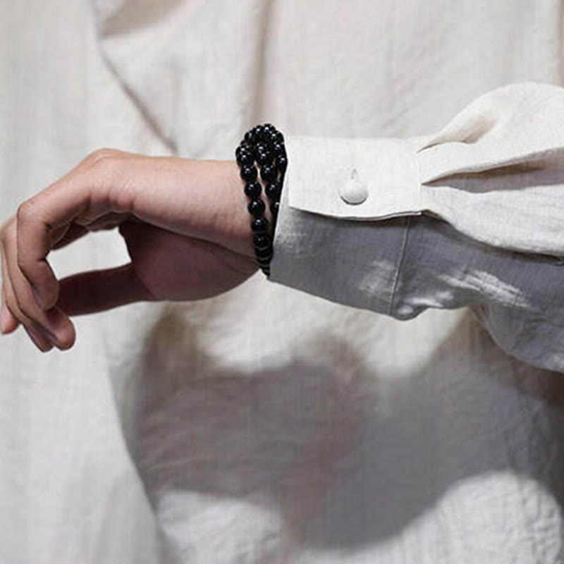 Spring Solid Color Pleated Stand Collar Design Tang Suit Men's Long Sleeve Linen Shirt