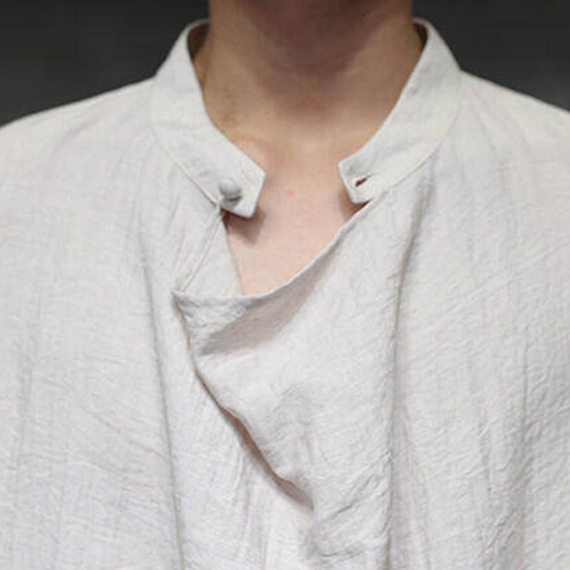 Spring Solid Color Pleated Stand Collar Design Tang Suit Men's Long Sleeve Linen Shirt