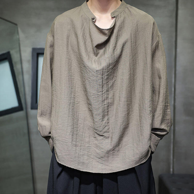 Spring Solid Color Pleated Stand Collar Design Tang Suit Men's Long Sleeve Linen Shirt
