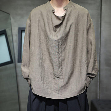 Spring Solid Color Pleated Stand Collar Design Tang Suit Men's Long Sleeve Linen Shirt