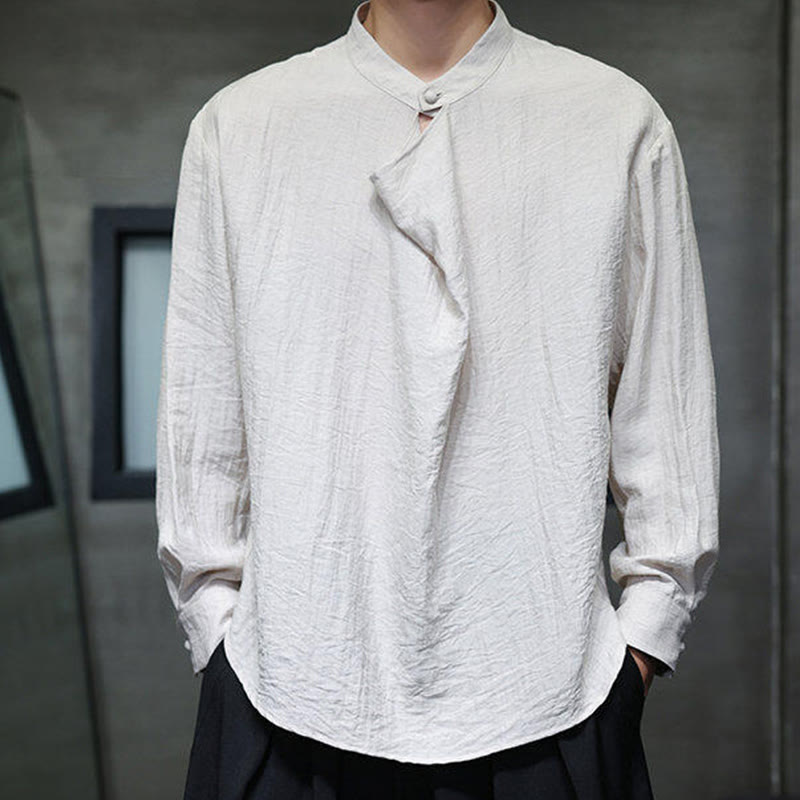 Spring Solid Color Pleated Stand Collar Design Tang Suit Men's Long Sleeve Linen Shirt