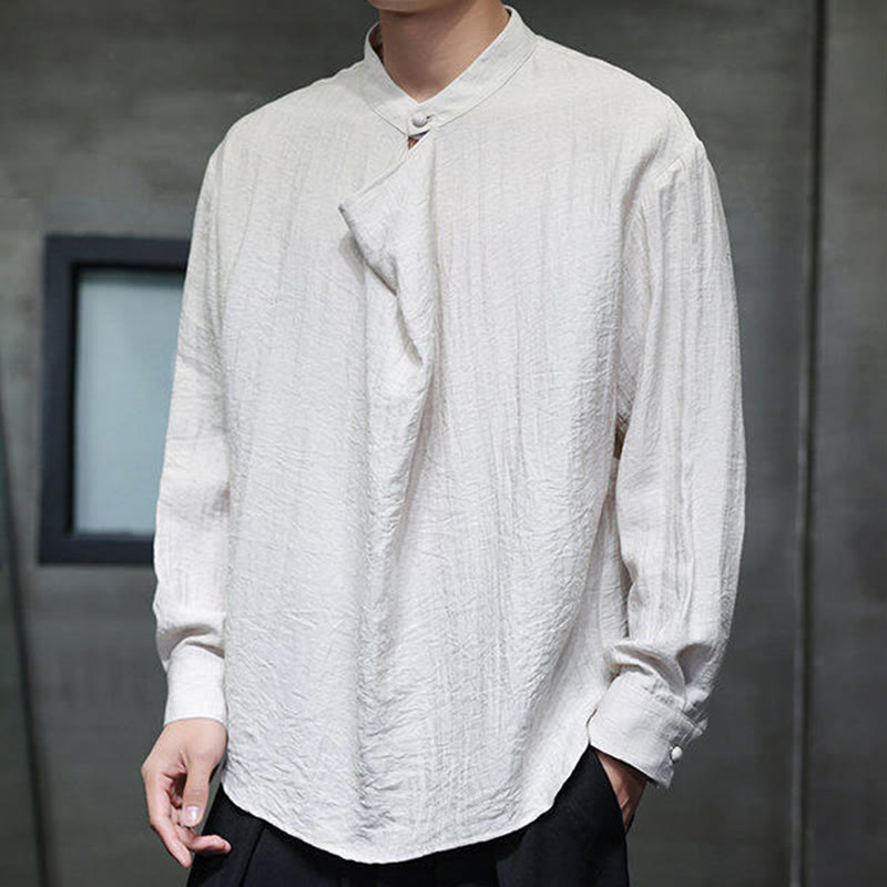 Spring Solid Color Pleated Stand Collar Design Tang Suit Men's Long Sleeve Linen Shirt