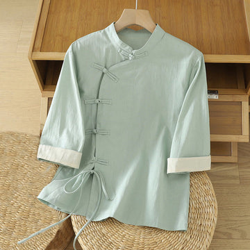 Lightweight Cotton Stand-Collar Three-Quarter Sleeve Meditation Shirt