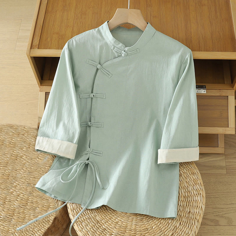 Lightweight Cotton Stand-Collar Three-Quarter Sleeve Meditation Shirt