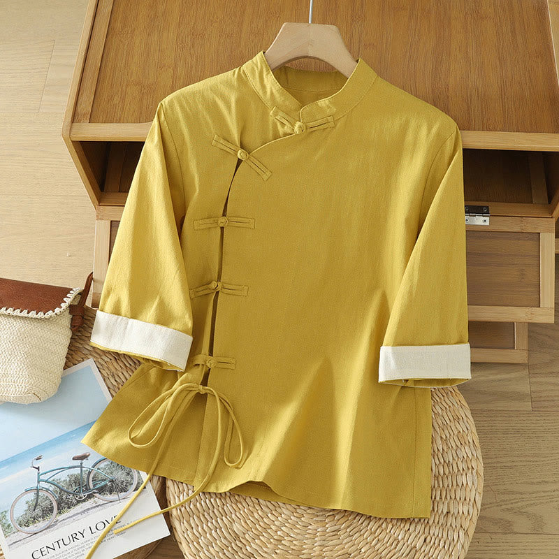 Lightweight Cotton Stand-Collar Three-Quarter Sleeve Meditation Shirt