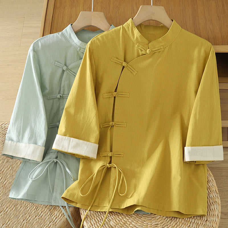 Lightweight Cotton Stand-Collar Three-Quarter Sleeve Meditation Shirt