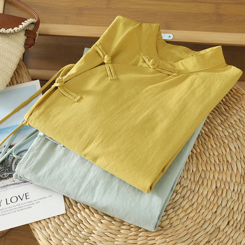 Lightweight Cotton Stand-Collar Three-Quarter Sleeve Meditation Shirt