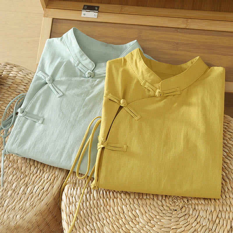 Lightweight Cotton Stand-Collar Three-Quarter Sleeve Meditation Shirt