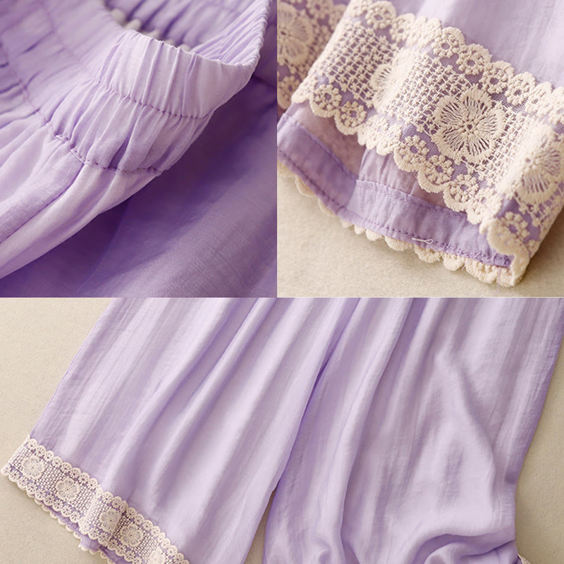 Spring Vintage Casual Solid Color Lace Patchwork Cuff Women's Cotton Linen Wide Leg Pants With Pockets
