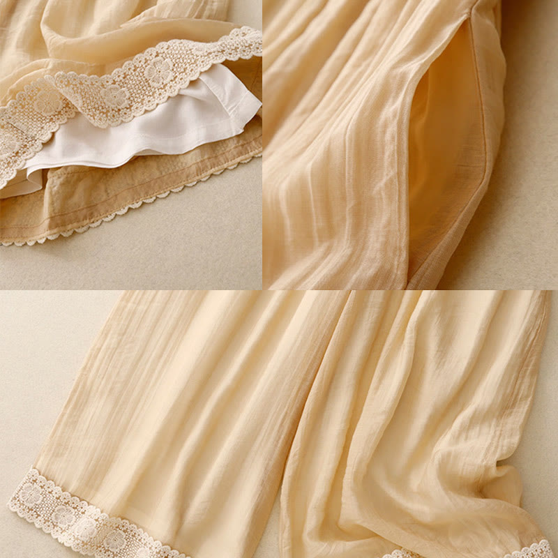 Spring Vintage Casual Solid Color Lace Patchwork Cuff Women's Cotton Linen Wide Leg Pants With Pockets