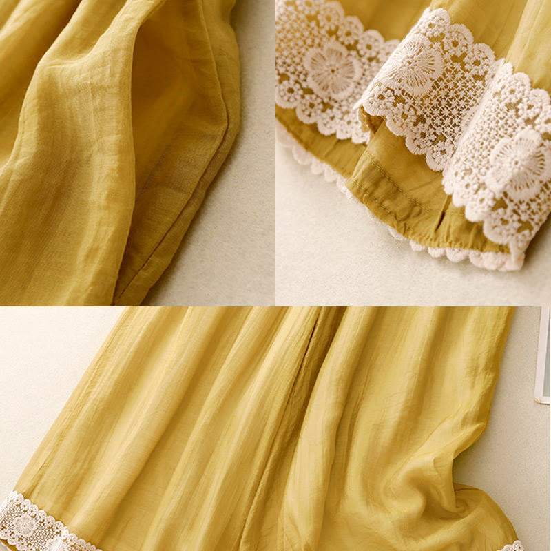 Spring Vintage Casual Solid Color Lace Patchwork Cuff Women's Cotton Linen Wide Leg Pants With Pockets
