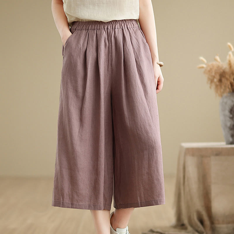 Summer Solid Color Patchwork Simple Design Women's Cotton Wide Leg Cropped Pants With Pockets