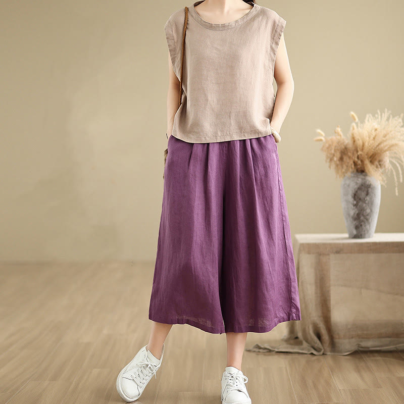 Summer Solid Color Patchwork Simple Design Women's Cotton Wide Leg Cropped Pants With Pockets