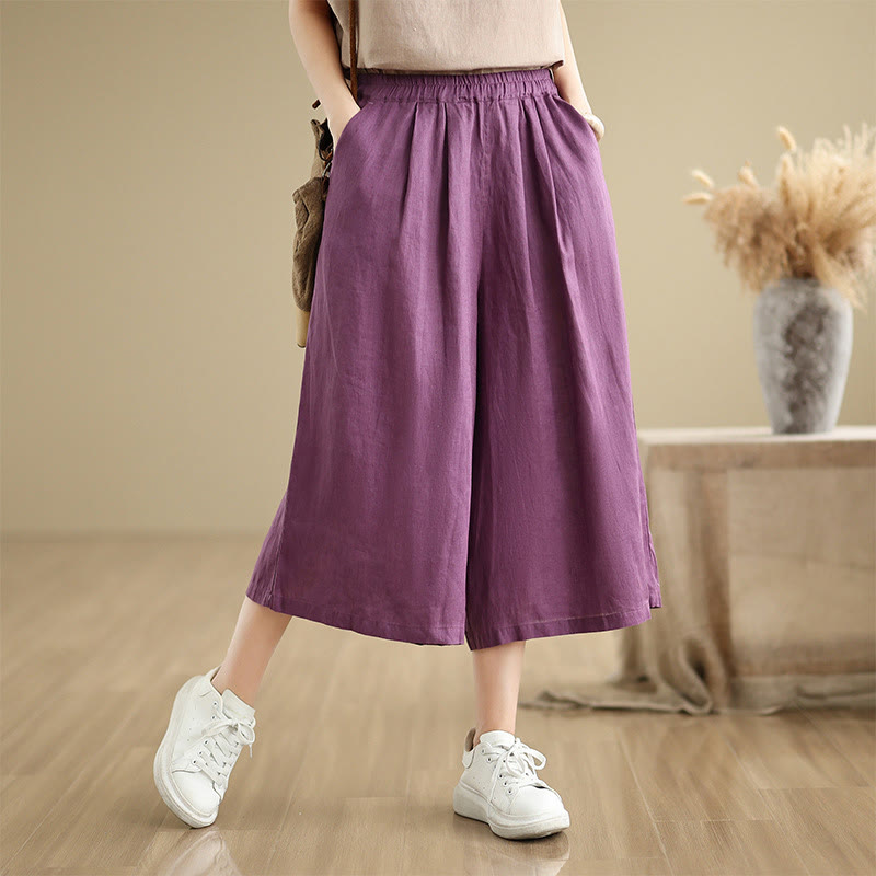 Summer Solid Color Patchwork Simple Design Women's Cotton Wide Leg Cropped Pants With Pockets