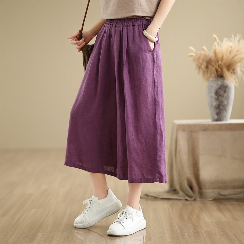 Summer Solid Color Patchwork Simple Design Women's Cotton Wide Leg Cropped Pants With Pockets