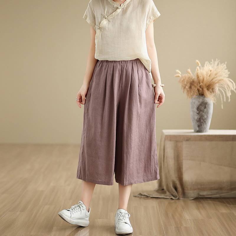 Summer Solid Color Patchwork Simple Design Women's Cotton Wide Leg Cropped Pants With Pockets