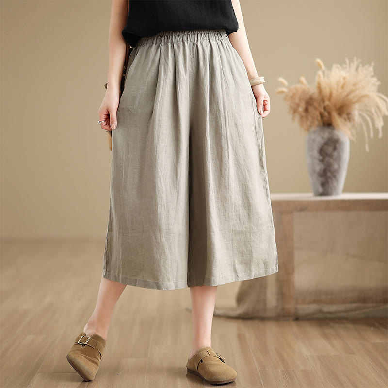 Summer Solid Color Patchwork Simple Design Women's Cotton Wide Leg Cropped Pants With Pockets