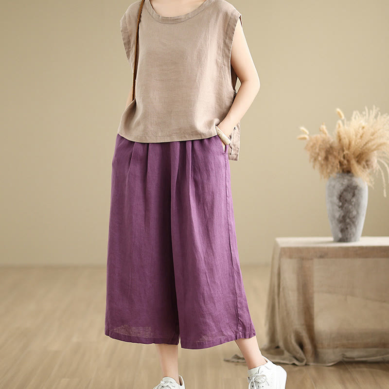 Summer Solid Color Patchwork Simple Design Women's Cotton Wide Leg Cropped Pants With Pockets