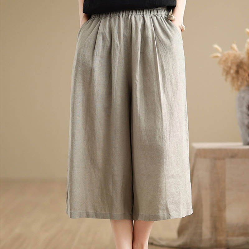 Summer Solid Color Patchwork Simple Design Women's Cotton Wide Leg Cropped Pants With Pockets