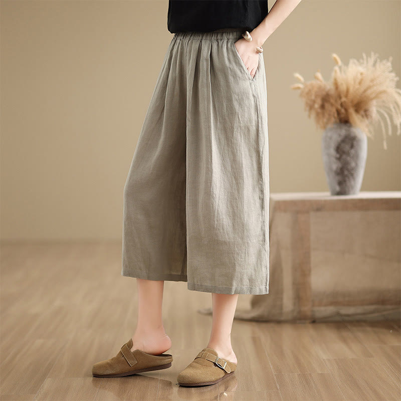 Summer Solid Color Patchwork Simple Design Women's Cotton Wide Leg Cropped Pants With Pockets