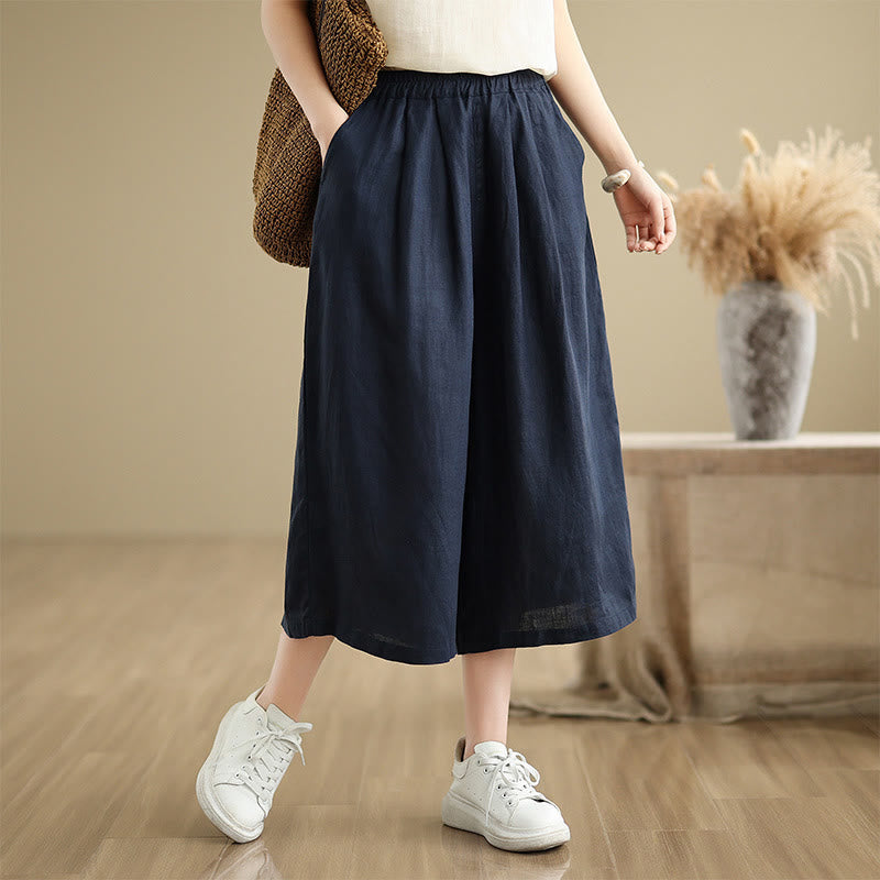 Summer Solid Color Patchwork Simple Design Women's Cotton Wide Leg Cropped Pants With Pockets