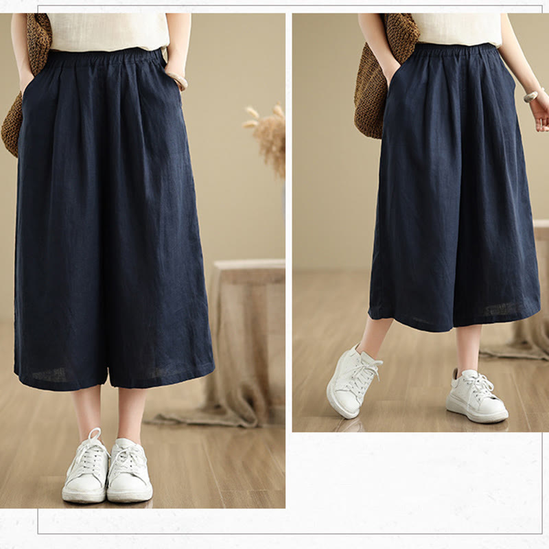 Summer Solid Color Patchwork Simple Design Women's Cotton Wide Leg Cropped Pants With Pockets