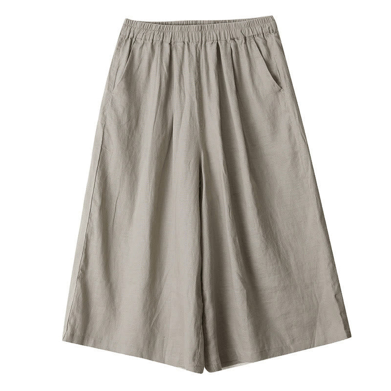 Summer Solid Color Patchwork Simple Design Women's Cotton Wide Leg Cropped Pants With Pockets