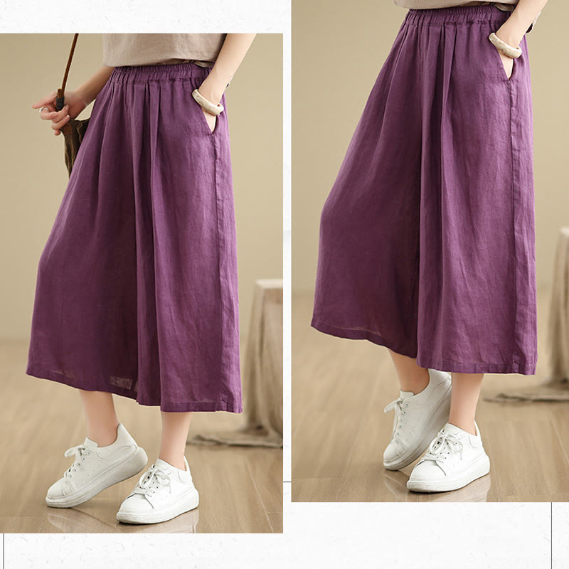 Summer Solid Color Patchwork Simple Design Women's Cotton Wide Leg Cropped Pants With Pockets